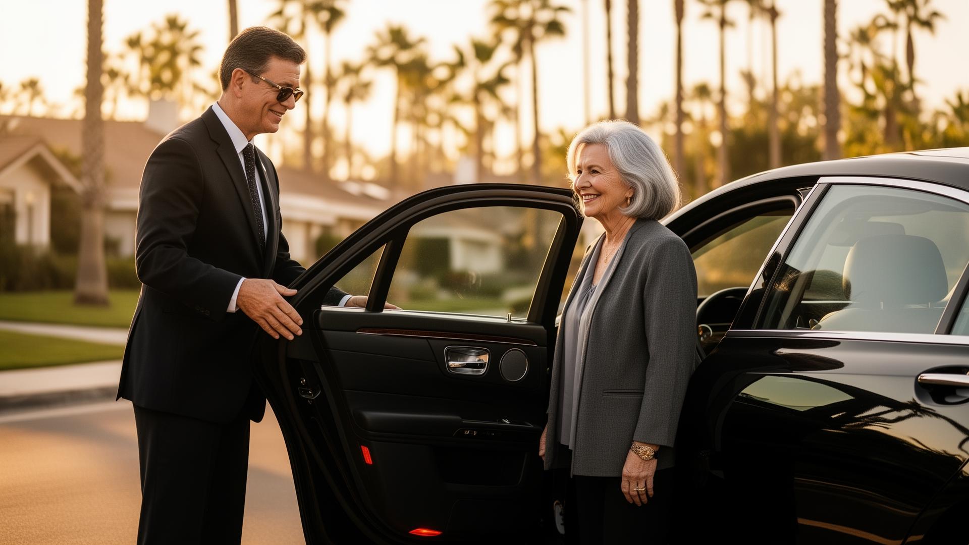 Professional driver assisting a senior passenger into a black sedan